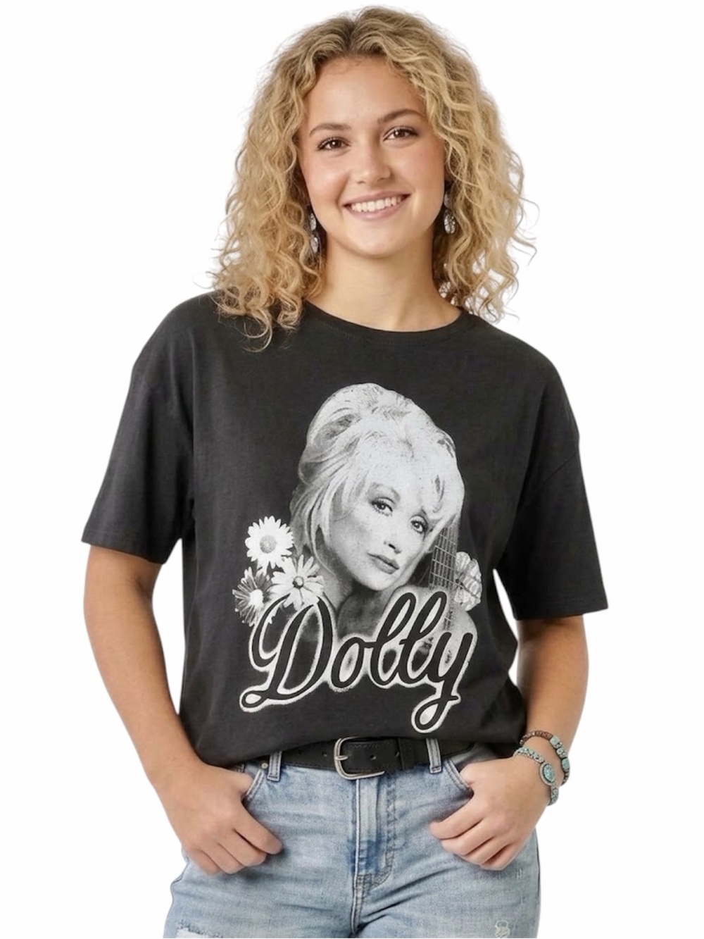 Dolly Parton Daisy Black & white Woman's T Shirt boyfriend graphic tee XS NWT